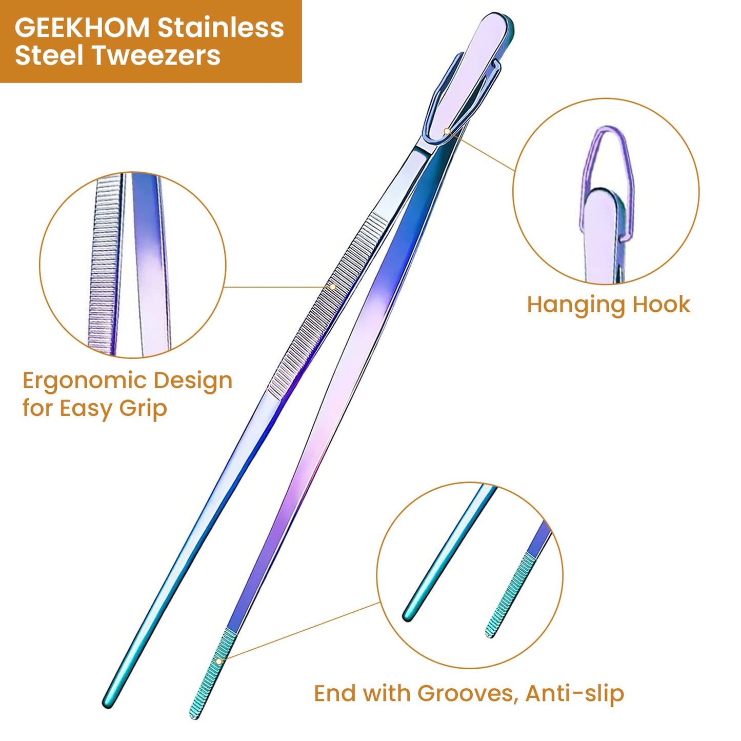 GEEKHOM Tweezer Tongs, 4 Pack, 12“+10” Stainless Steel, for Cooking, BBQ, Black