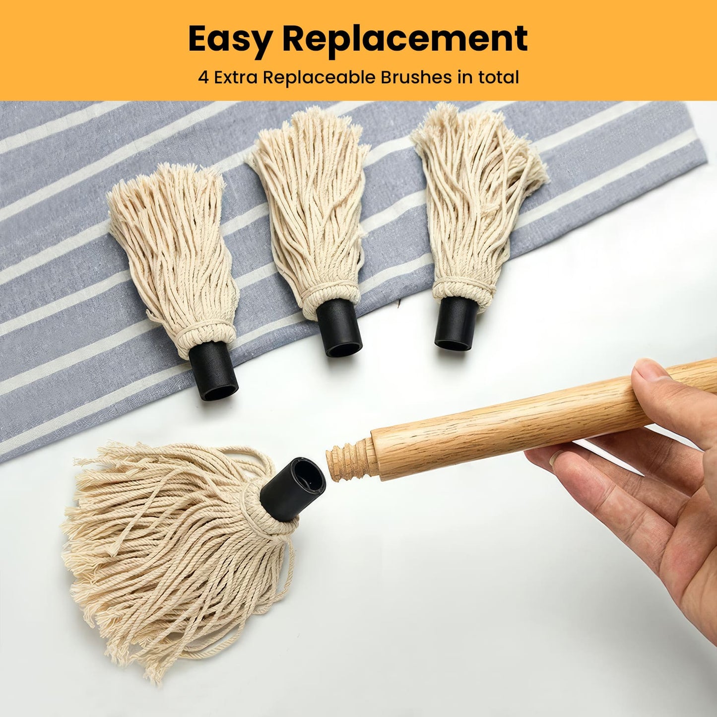 GEEKHOM Grill Basting Mop, Wood Handle, Replacement Heads, 18+14inch