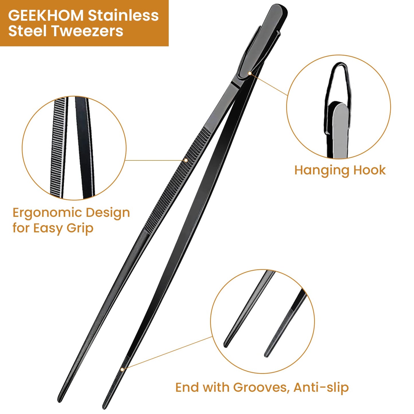 GEEKHOM Tweezer Tongs, 4 Pack, 12“+10” Stainless Steel, for Cooking, BBQ, Black