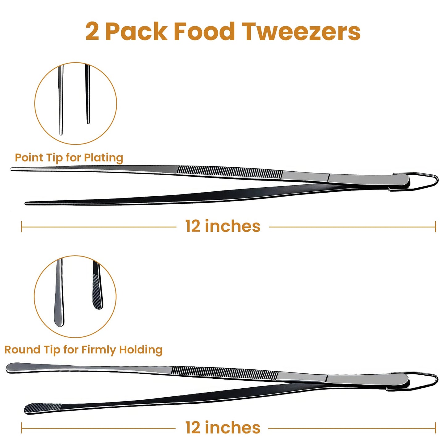 GEEKHOM Tweezer Tongs, 4 Pack, 12“+10” Stainless Steel, for Cooking, BBQ, Black