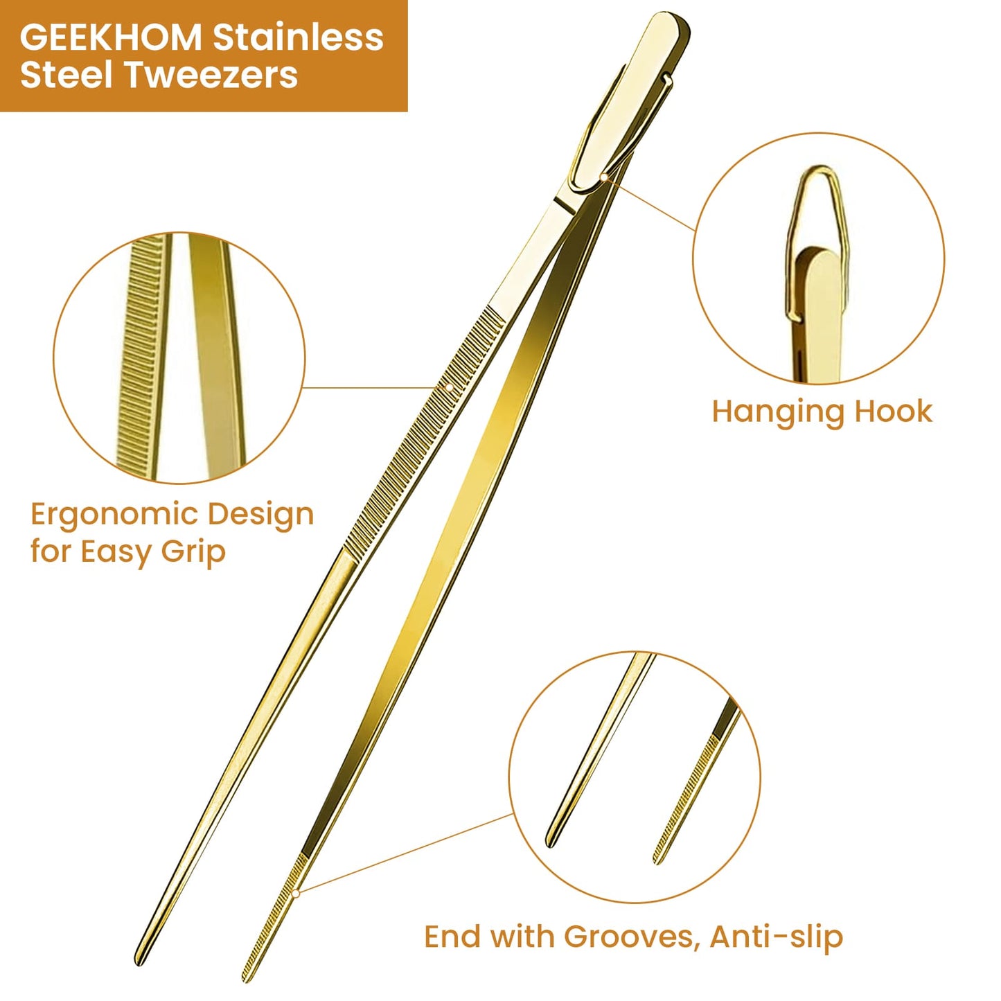 GEEKHOM Tweezer Tongs, 4 Pack, 12“+10” Stainless Steel, for Cooking, BBQ, Black