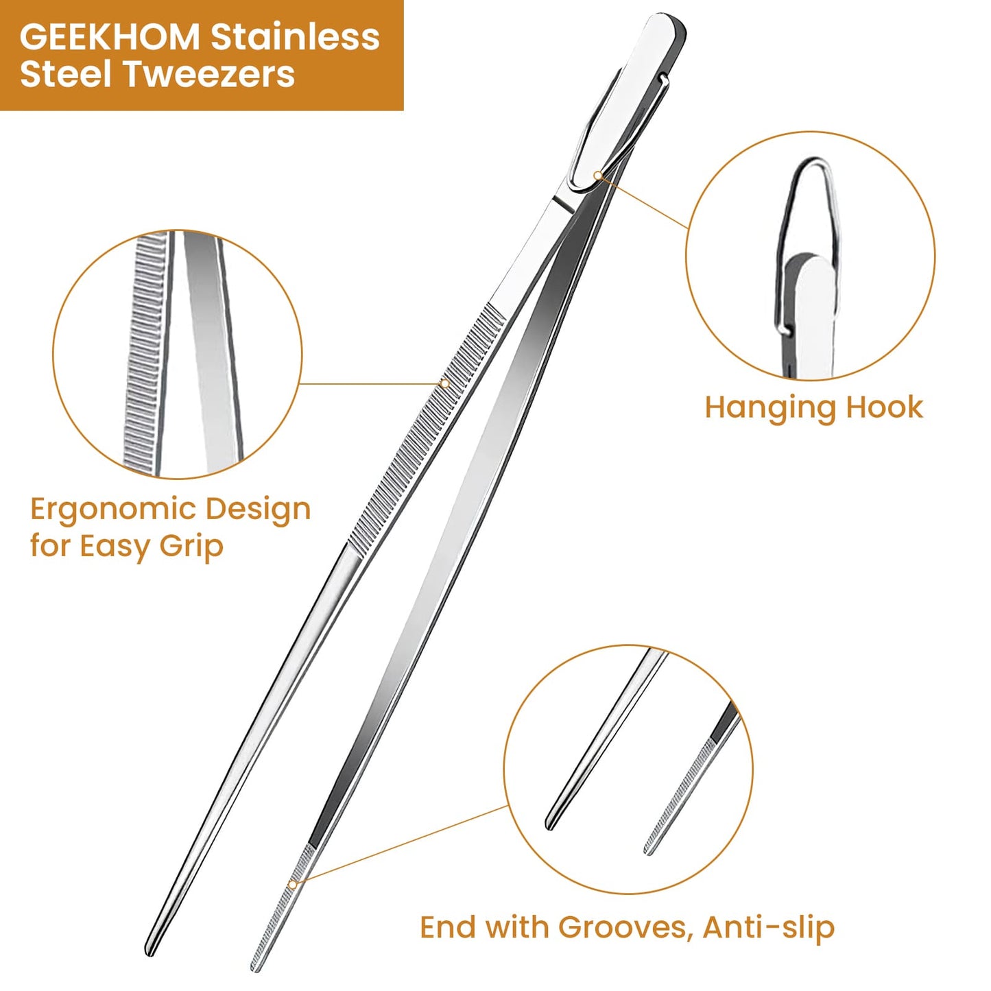 GEEKHOM Tweezer Tongs, 4 Pack, 12“+10” Stainless Steel, for Cooking, BBQ, Black
