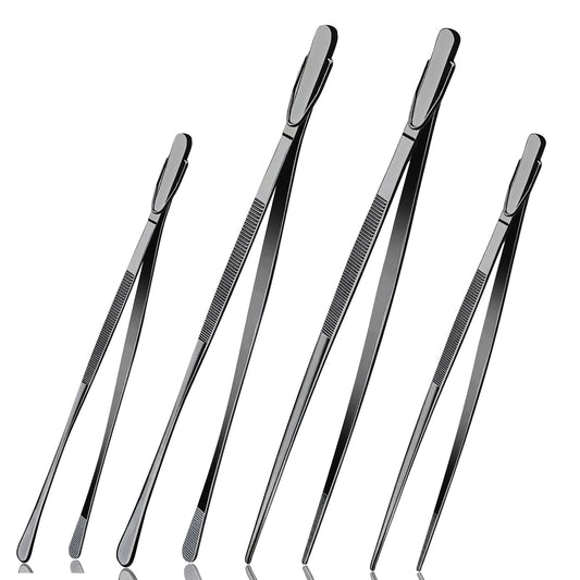 GEEKHOM Tweezer Tongs, 4 Pack, 12“+10” Stainless Steel, for Cooking, BBQ, Black