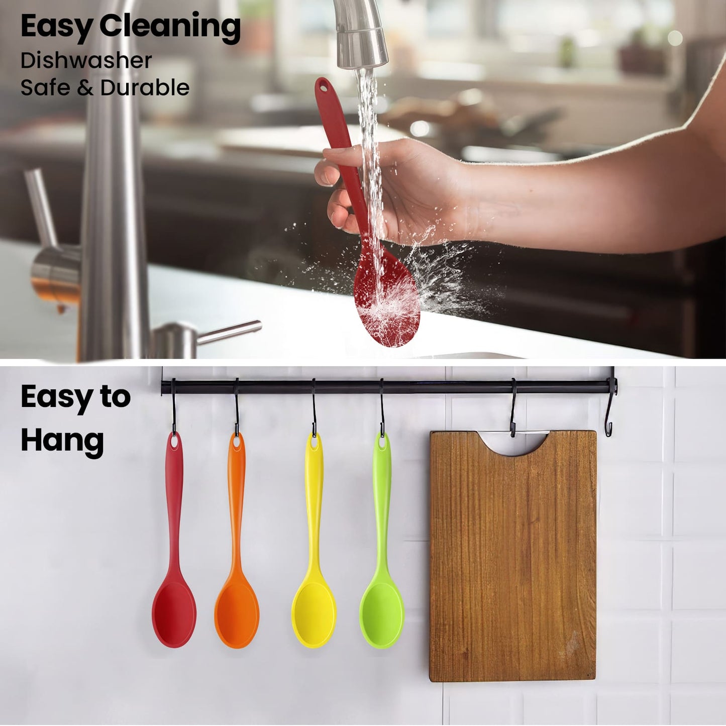 GEEKHOM Silicone Cooking Spoons, 2 Pcs, 11", Heat Resistant, for Cooking, Black