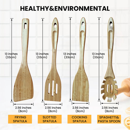 GEEKHOM 4 - Pack Bamboo Spatulas, 13 Inch, for Nonstick Cookware, Cooking & Flipping
