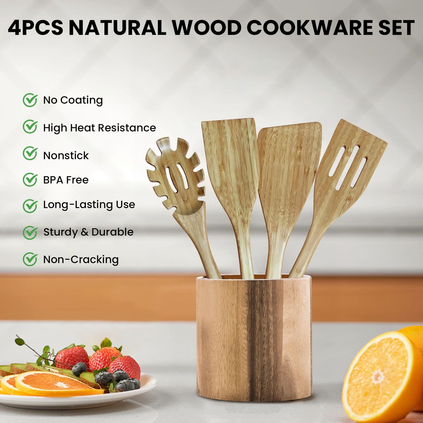 GEEKHOM 4 - Pack Bamboo Spatulas, 13 Inch, for Nonstick Cookware, Cooking & Flipping