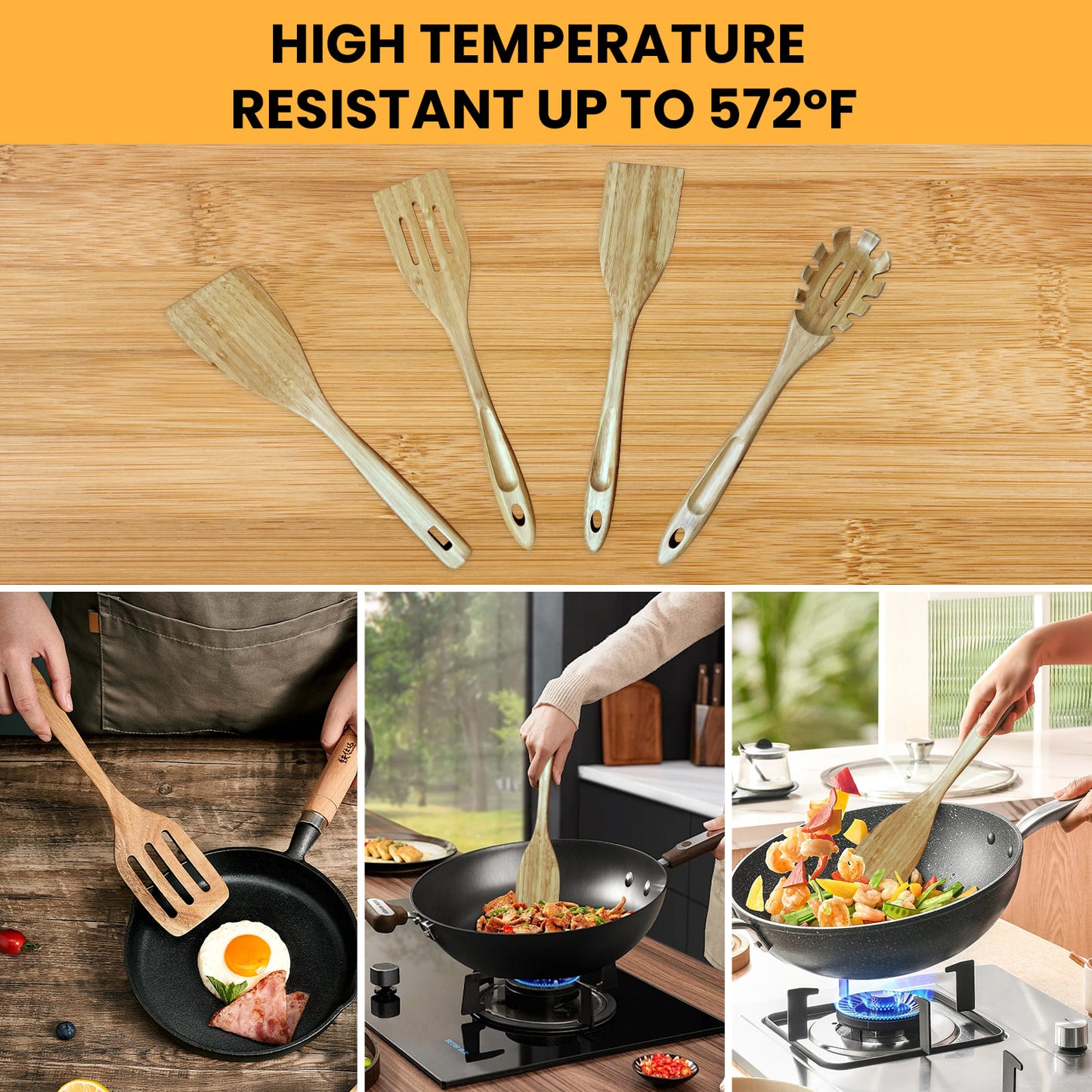 GEEKHOM 4 - Pack Bamboo Spatulas, 13 Inch, for Nonstick Cookware, Cooking & Flipping