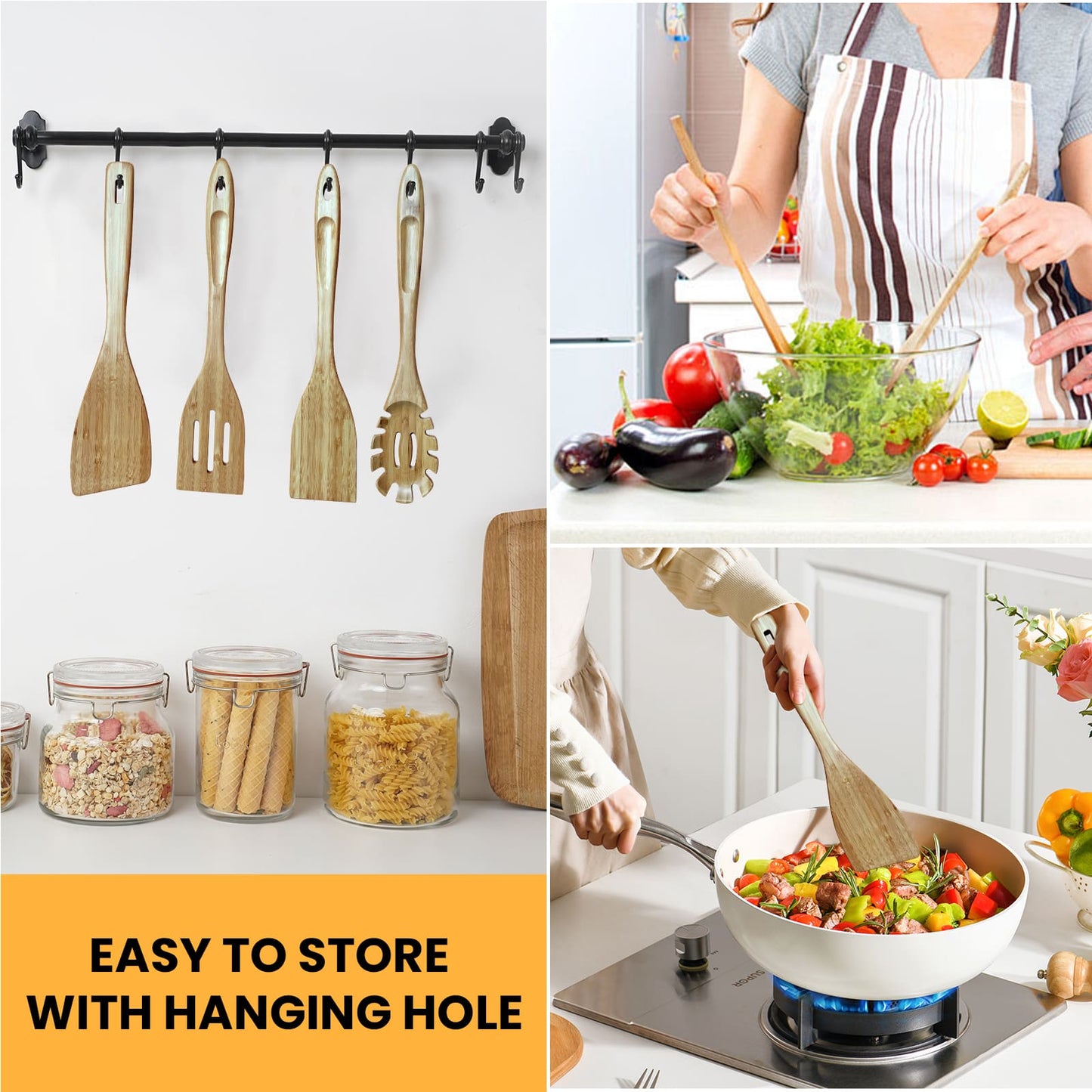 GEEKHOM 4 - Pack Bamboo Spatulas, 13 Inch, for Nonstick Cookware, Cooking & Flipping