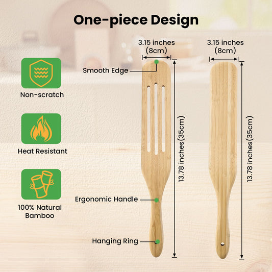 GEEKHOM Bamboo Spatulas, 13 Inch, 2 Pack, Wood Spurtle Set, Wok Turners, for Nonstick Cookware