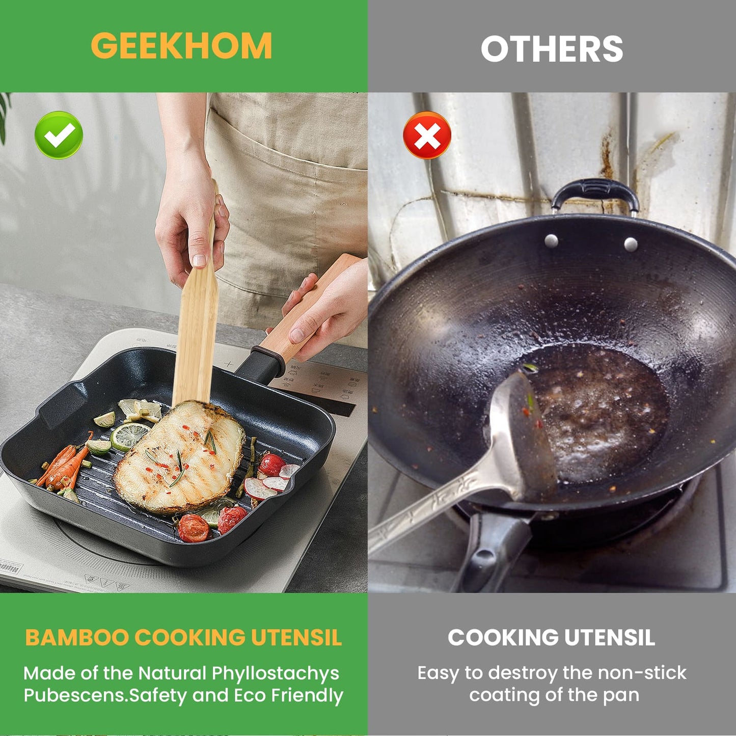 GEEKHOM Bamboo Spatulas, 13 Inch, 2 Pack, Wood Spurtle Set, Wok Turners, for Nonstick Cookware