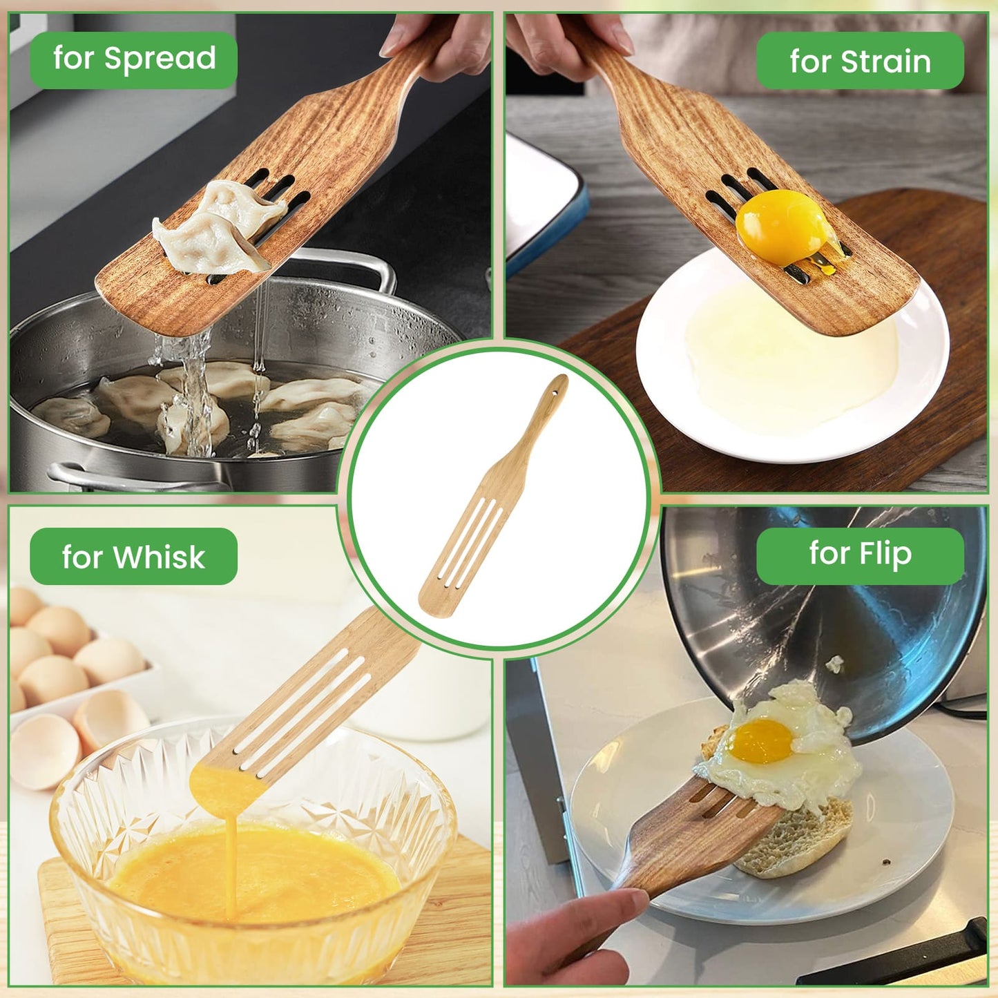 GEEKHOM Bamboo Spatulas, 13 Inch, 2 Pack, Wood Spurtle Set, Wok Turners, for Nonstick Cookware