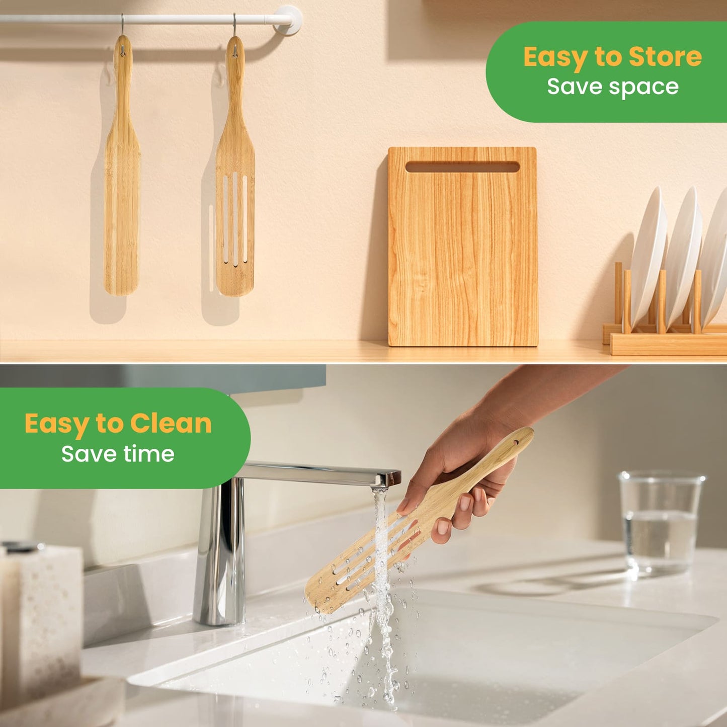 GEEKHOM Bamboo Spatulas, 13 Inch, 2 Pack, Wood Spurtle Set, Wok Turners, for Nonstick Cookware
