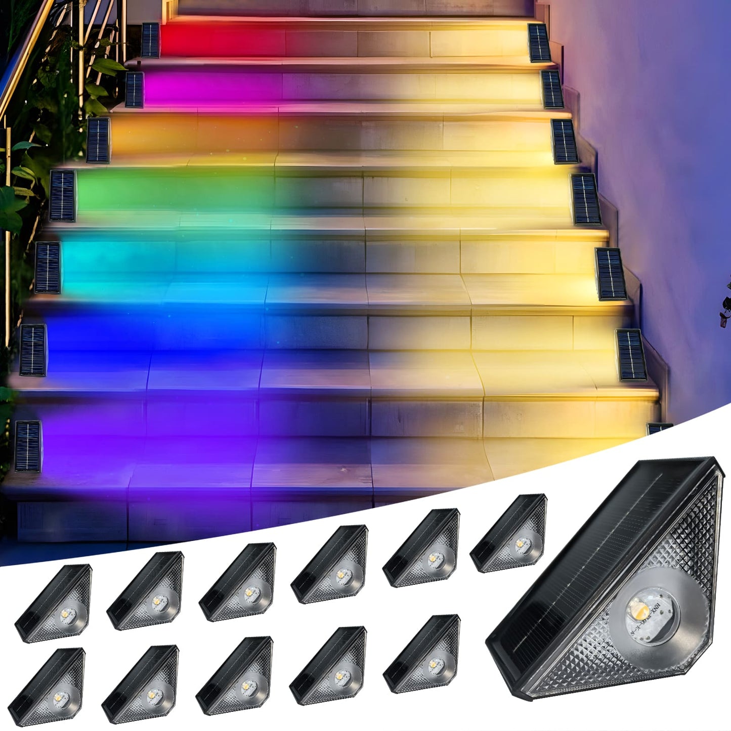 GEEKHOM Solar Step Lights, 12 Pack, Waterproof, Warm White & RGB, Auto-On/Off, for Outdoor