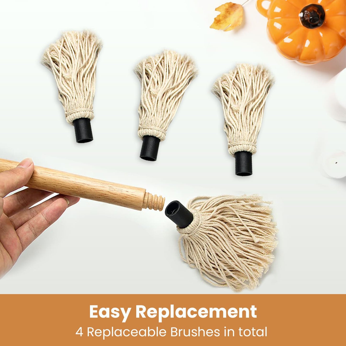 GEEKHOM Grill Basting Mop, Long Wood Handle, Replacement Heads, 18 inch, BBQ Sauce Brush