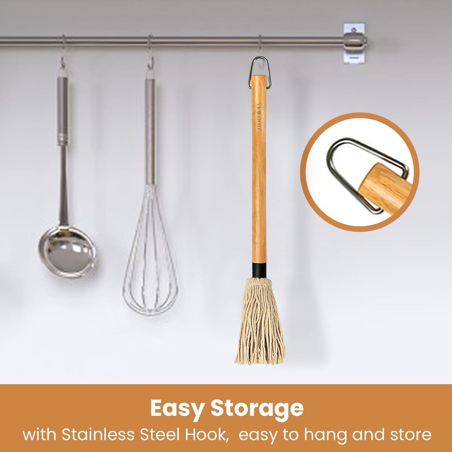 GEEKHOM Grill Basting Mop, Long Wood Handle, Replacement Heads, 18 inch, BBQ Sauce Brush