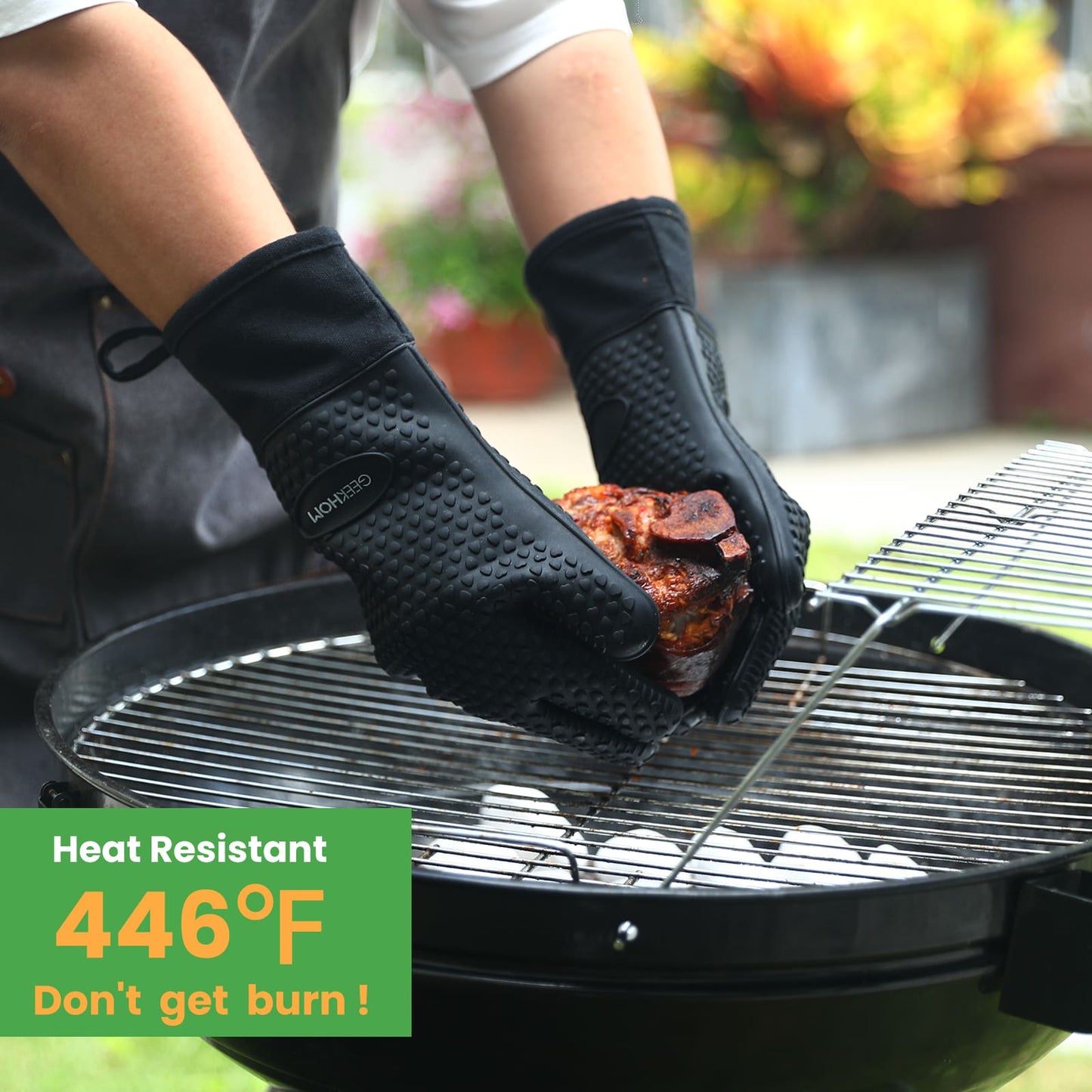 GEEKHOM BBQ Gloves, Heat Resistant, Silicone, Waterproof, Non-Slip, for Cooking