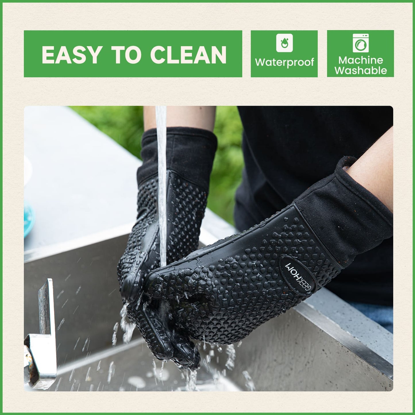 GEEKHOM BBQ Gloves, Heat Resistant, Silicone, Waterproof, Non-Slip, for Cooking
