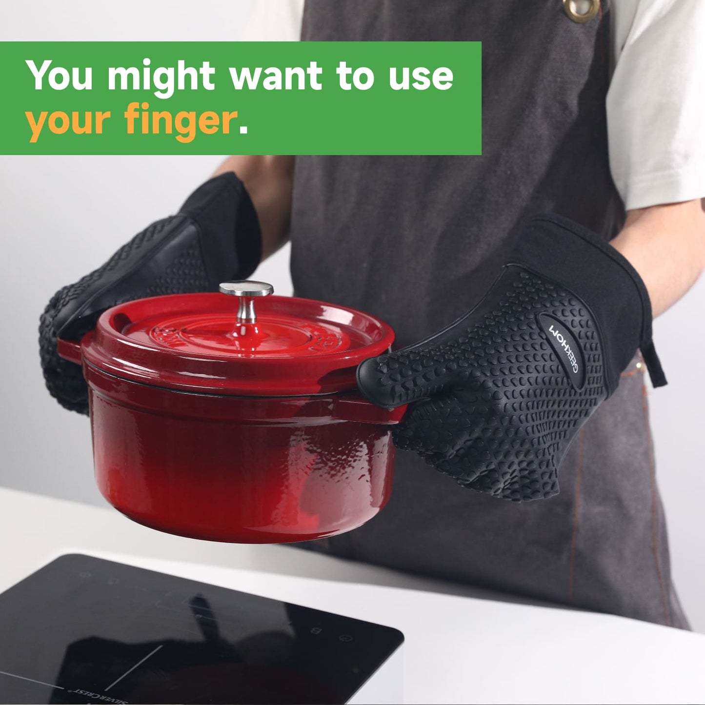 GEEKHOM BBQ Gloves, Heat Resistant, Silicone, Waterproof, Non-Slip, for Cooking