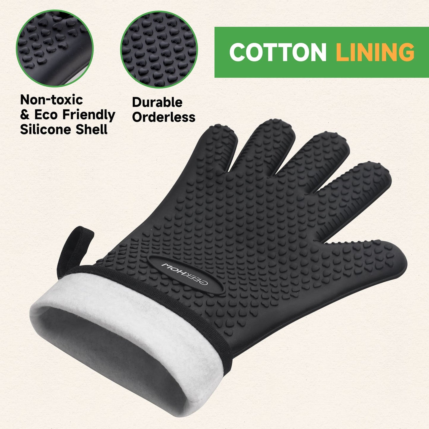 GEEKHOM BBQ Gloves, Heat Resistant, Silicone, Waterproof, Non-Slip, for Cooking