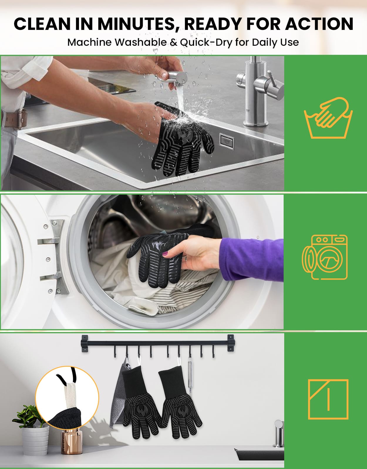 GEEKHOM BBQ Gloves, 1472℉ Heat Resistant, Non-Slip, Kitchen Safe and Bamboo Spatulas