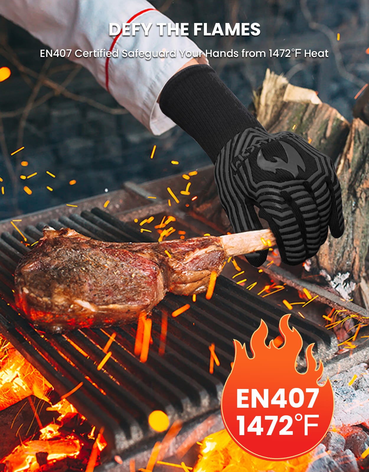 GEEKHOM BBQ Gloves, 1472℉ Heat Resistant, Non-Slip, Kitchen Safe and Bamboo Spatulas