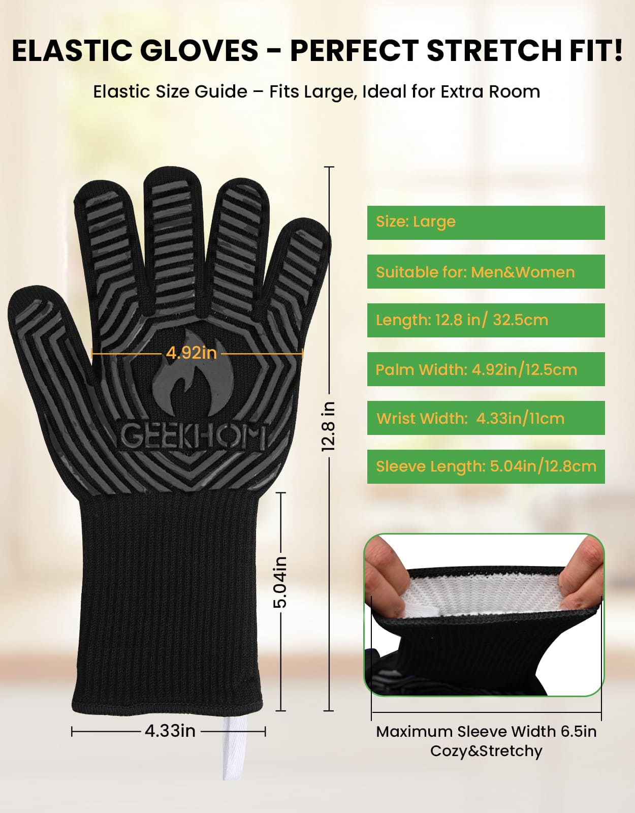 GEEKHOM BBQ Gloves, 1472℉ Heat Resistant, Non-Slip, Kitchen Safe and Bamboo Spatulas