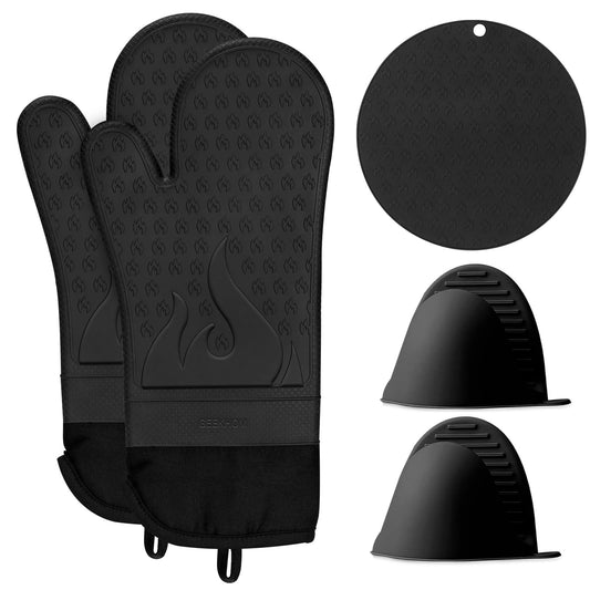 GEEKHOM Oven Mitts Set, Silicone, High Heat Resistant, Extra Long, Non-Slip, Black