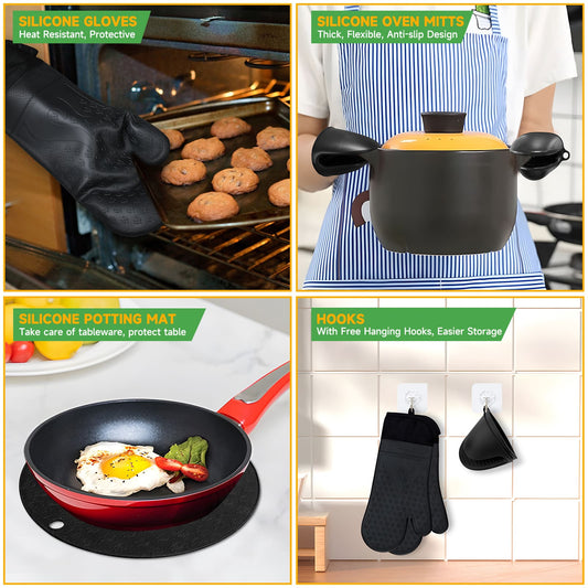 GEEKHOM Oven Mitts Set, Silicone, High Heat Resistant, Extra Long, Non-Slip, Black