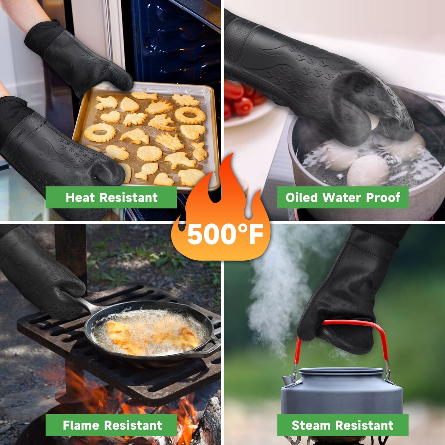 GEEKHOM Oven Mitts Set, Silicone, High Heat Resistant, Extra Long, Non-Slip, Black