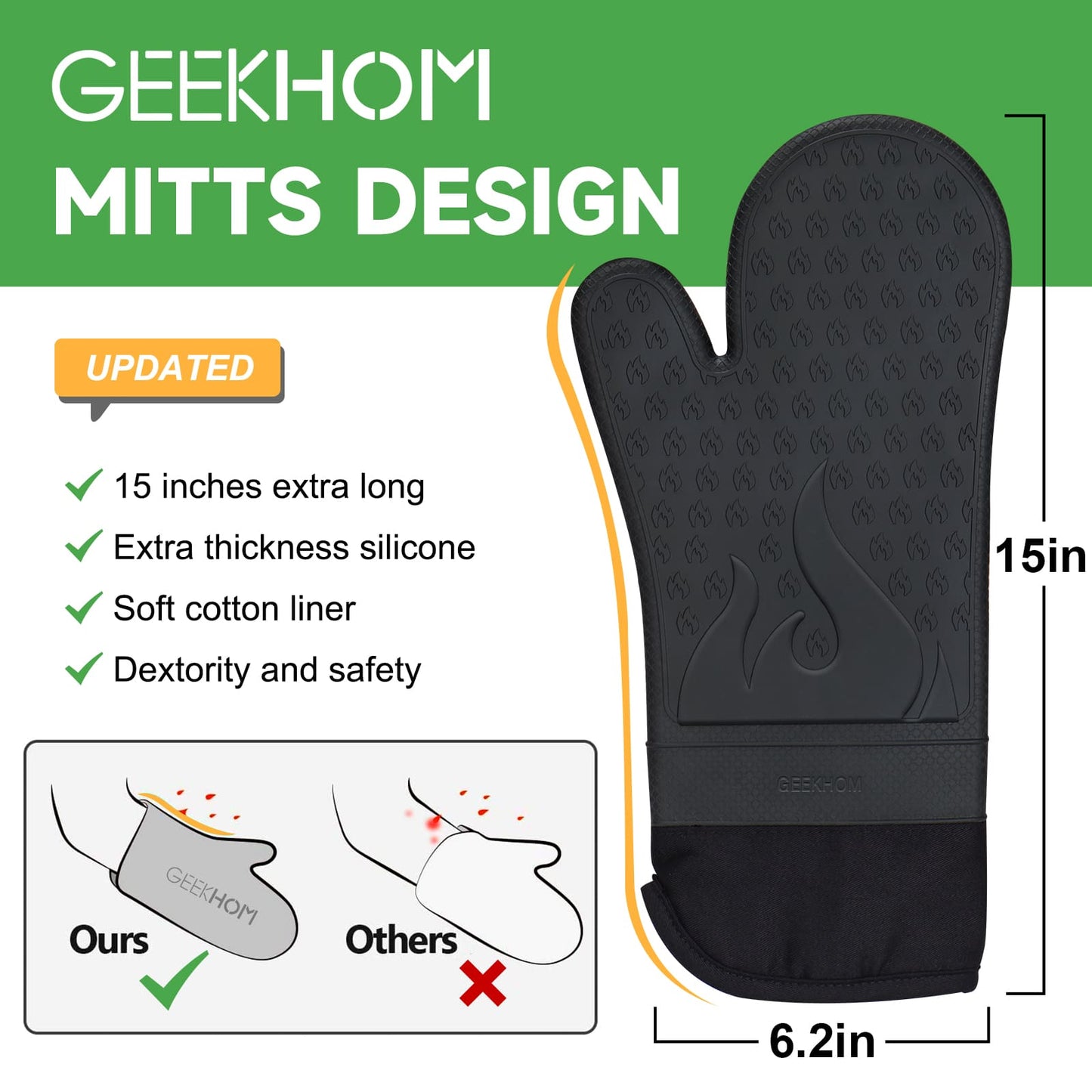 GEEKHOM Oven Mitts Set, Silicone, High Heat Resistant, Extra Long, Non-Slip, Black