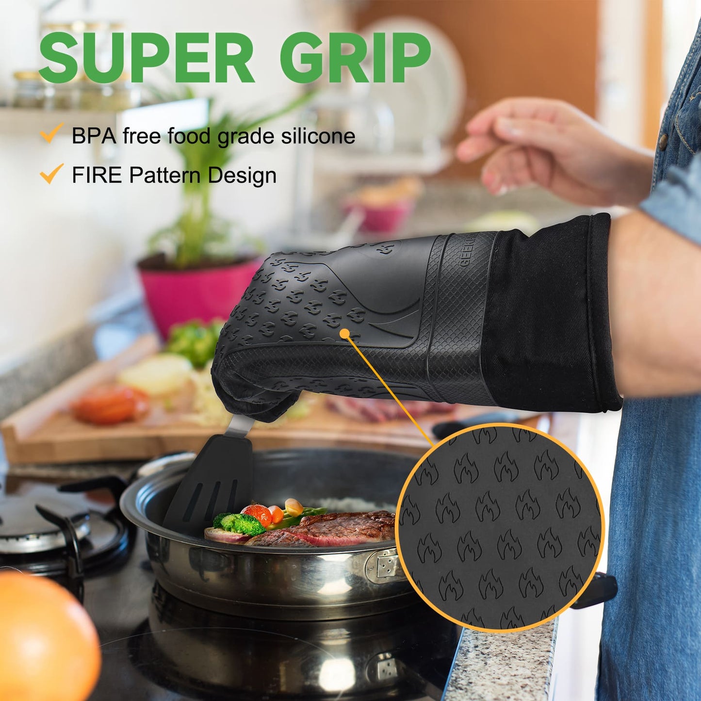 GEEKHOM Oven Mitts Set, Silicone, High Heat Resistant, Extra Long, Non-Slip, Black