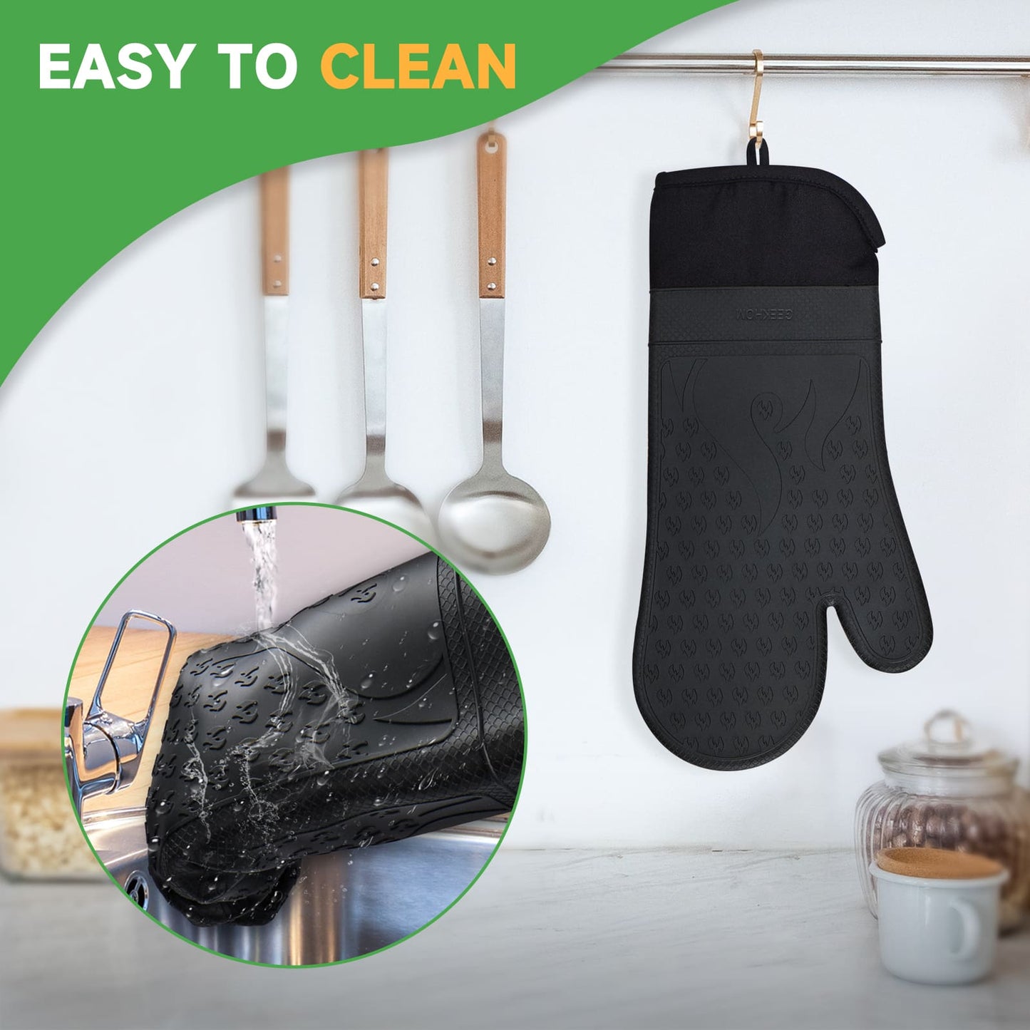 GEEKHOM Oven Mitts Set, Silicone, High Heat Resistant, Extra Long, Non-Slip, Black
