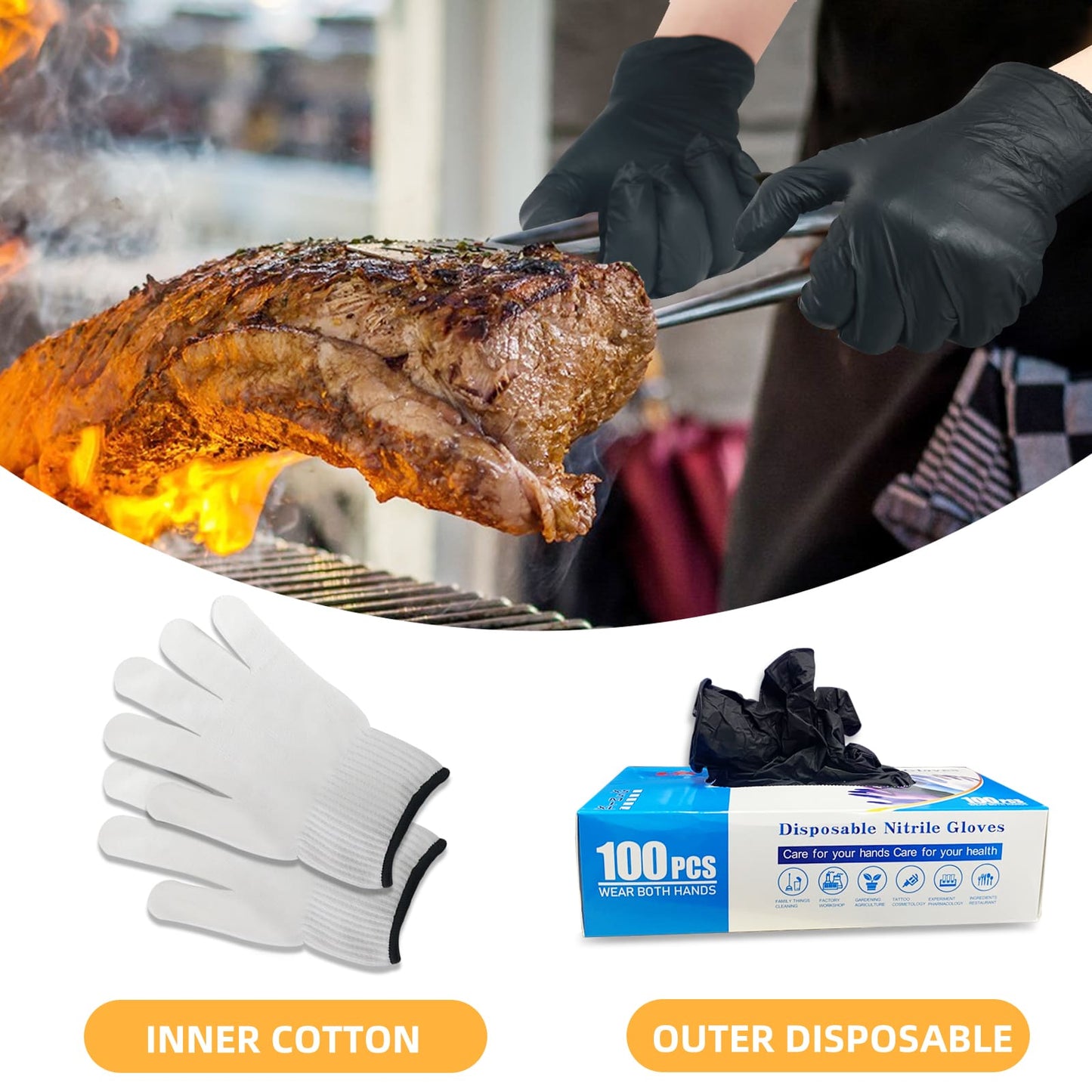 GEEKHOM BBQ Gloves Set, 100PCS, Reusable, Nitrile & Cotton, Heat Resistant