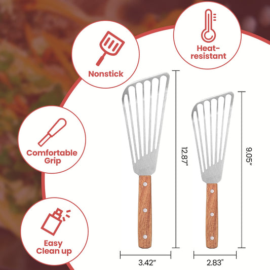 GEEKHOM Fish Spatula Turner, 2 Pack, Stainless Steel, Wood Handle, Non Scratch, for Nonstick Cookware