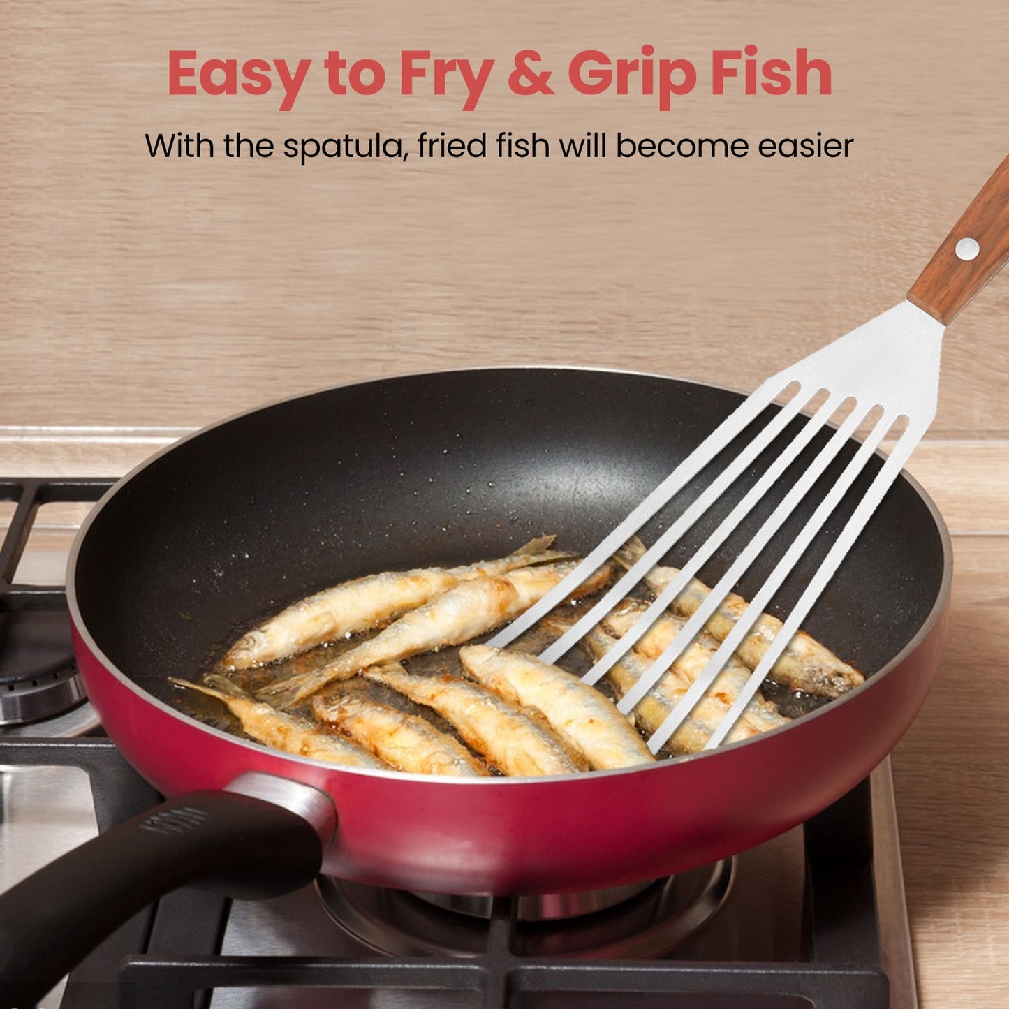 GEEKHOM Fish Spatula Turner, 2 Pack, Stainless Steel, Wood Handle, Non Scratch, for Nonstick Cookware