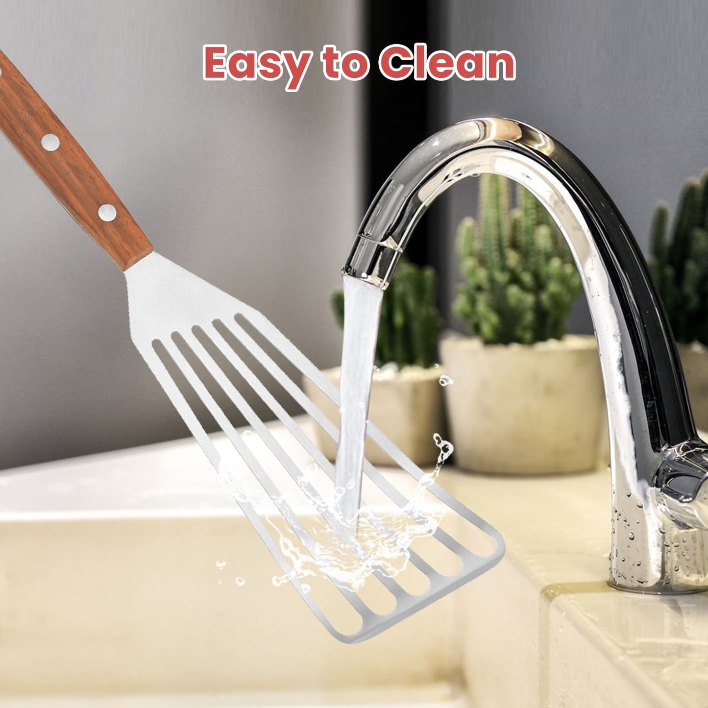 GEEKHOM Fish Spatula Turner, 2 Pack, Stainless Steel, Wood Handle, Non Scratch, for Nonstick Cookware