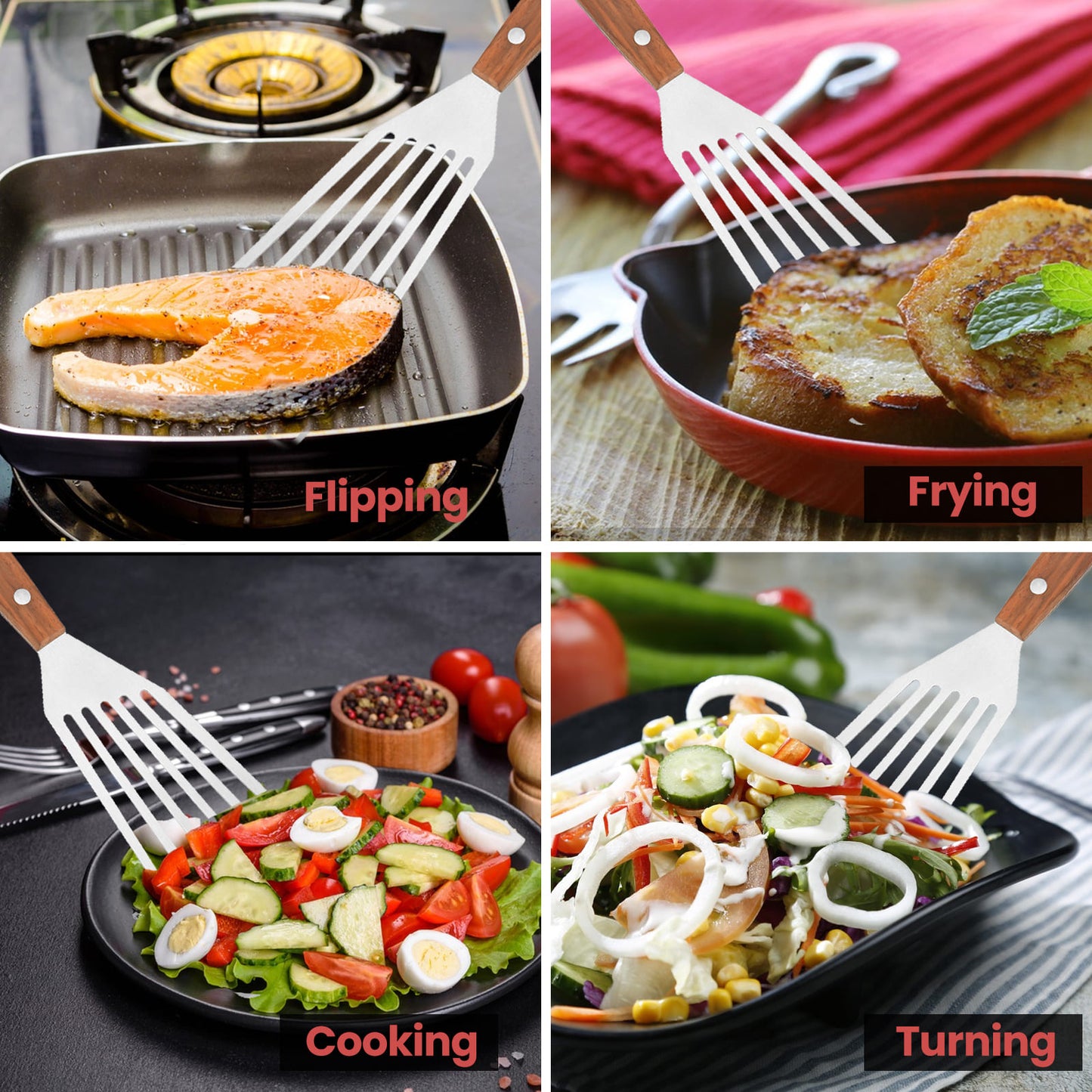 GEEKHOM Fish Spatula Turner, 2 Pack, Stainless Steel, Wood Handle, Non Scratch, for Nonstick Cookware