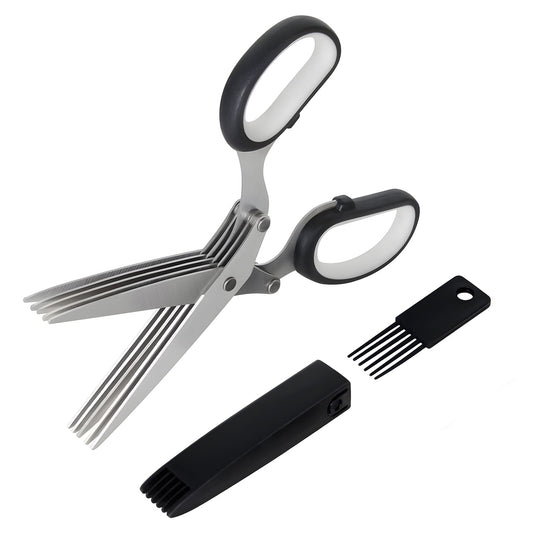 GEEKHOM Herb Scissors, 5 Blades, Stainless Steel, Safety Cover, Cleaning Comb, for Vegetables