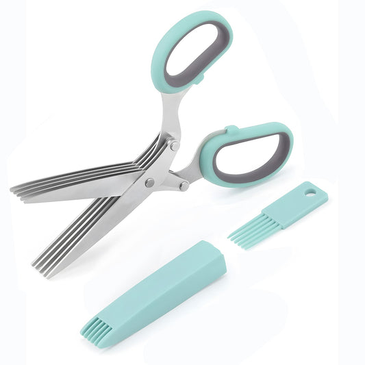 GEEKHOM Herb Scissors, 5 Blades, Stainless Steel, Safety Cover, Cleaning Comb, for Vegetables