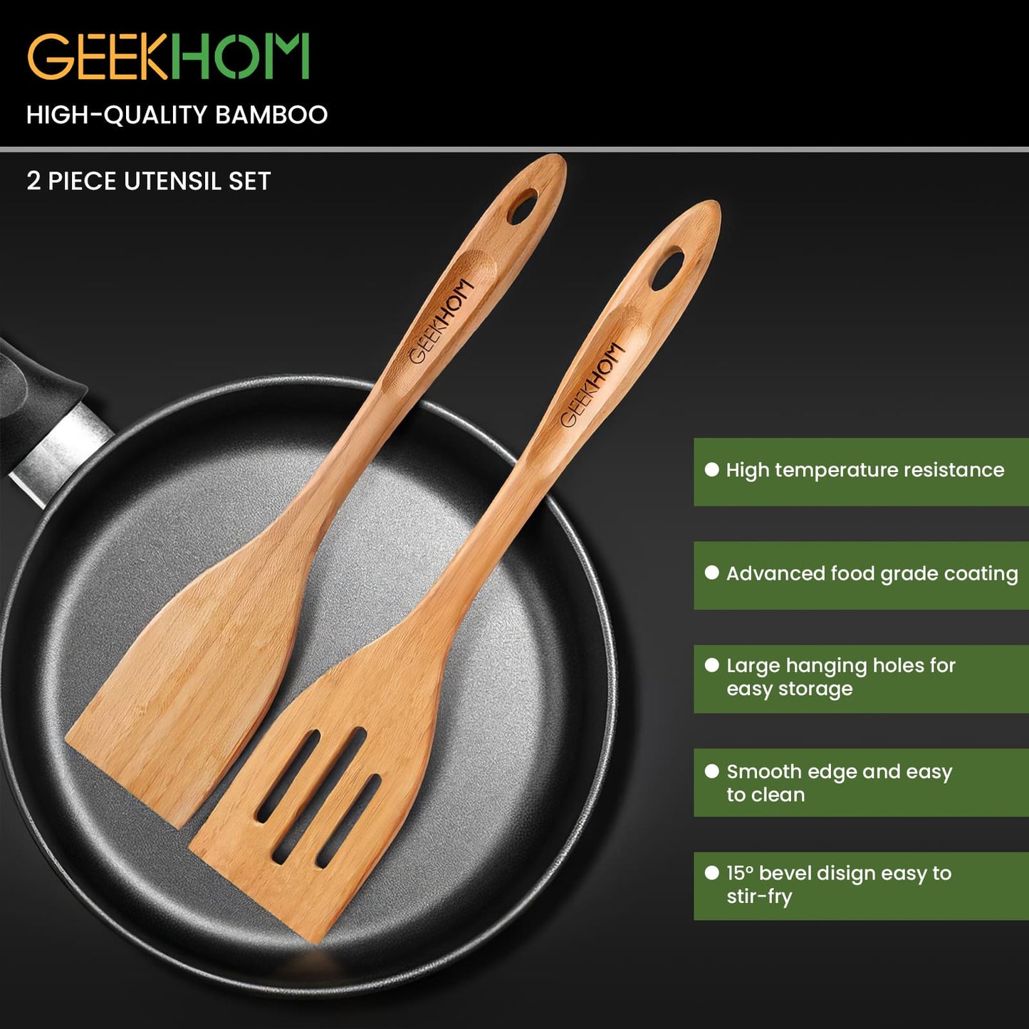 GEEKHOM Bamboo Spatulas, 13 Inch, 2 Pack, for Nonstick, Wok Turners, Pancake Fish Egg