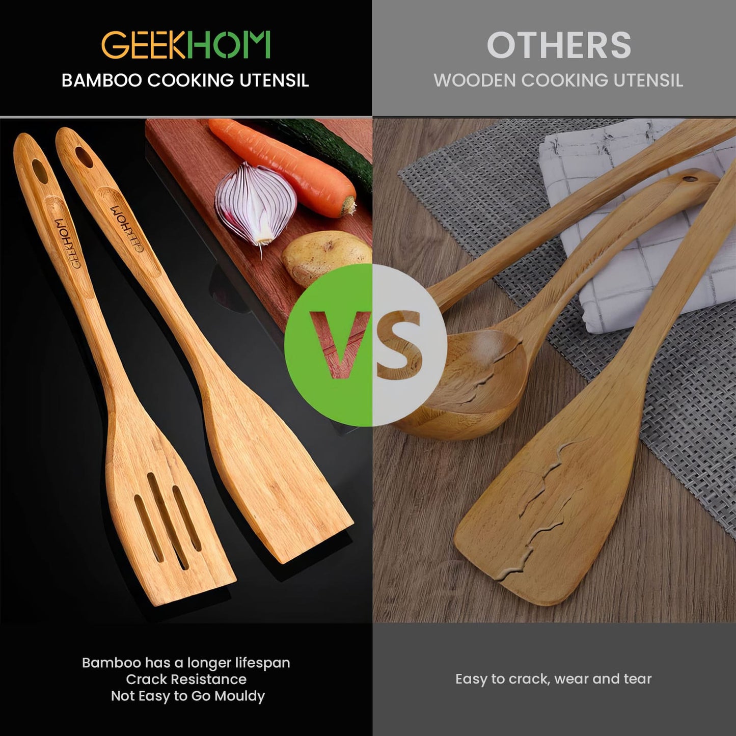 GEEKHOM Bamboo Spatulas, 13 Inch, 2 Pack, for Nonstick, Wok Turners, Pancake Fish Egg