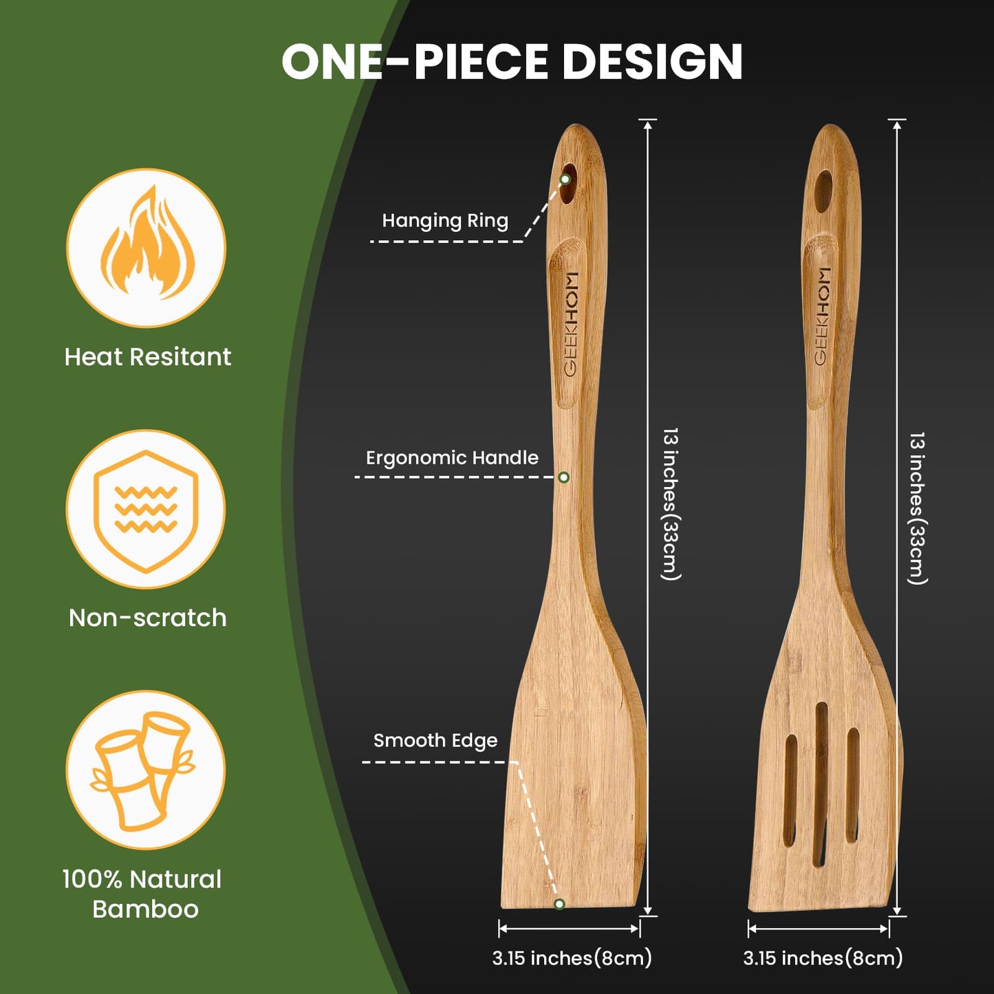 GEEKHOM Bamboo Spatulas, 13 Inch, 2 Pack, for Nonstick, Wok Turners, Pancake Fish Egg