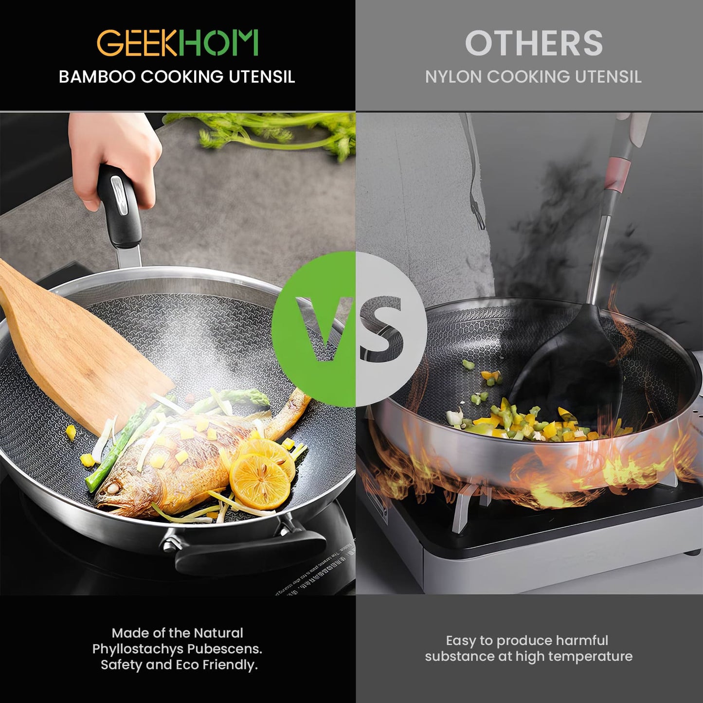 GEEKHOM Bamboo Spatulas, 13 Inch, 2 Pack, for Nonstick, Wok Turners, Pancake Fish Egg