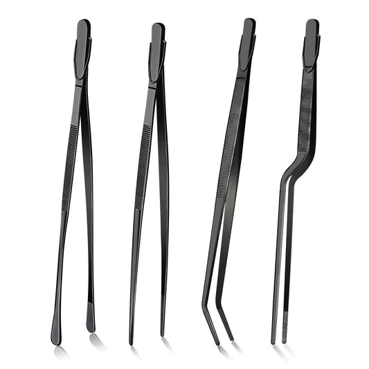 GEEKHOM Tweezer Tongs, 4 Pack, 12“+10” Stainless Steel, for Cooking, BBQ, Black