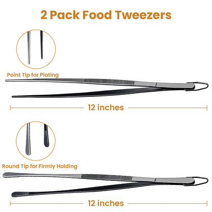 GEEKHOM Tweezer Tongs, 4 Pack, 12“+10” Stainless Steel, for Cooking, BBQ, Black