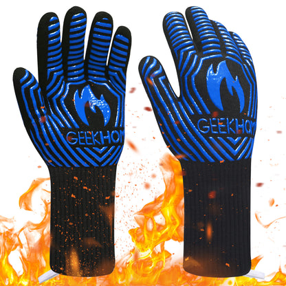 GEEKHOM BBQ Gloves, 1472℉ Heat Resistant, Non-Slip, Kitchen Safe and Bamboo Spatulas