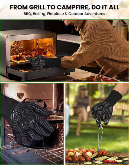 GEEKHOM BBQ Gloves, 1472℉ Heat Resistant, Non-Slip, Kitchen Safe and Bamboo Spatulas