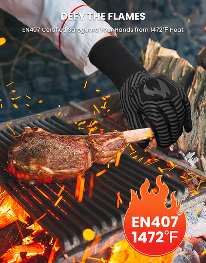 GEEKHOM BBQ Gloves, 1472℉ Heat Resistant, Non-Slip, Kitchen Safe and Bamboo Spatulas