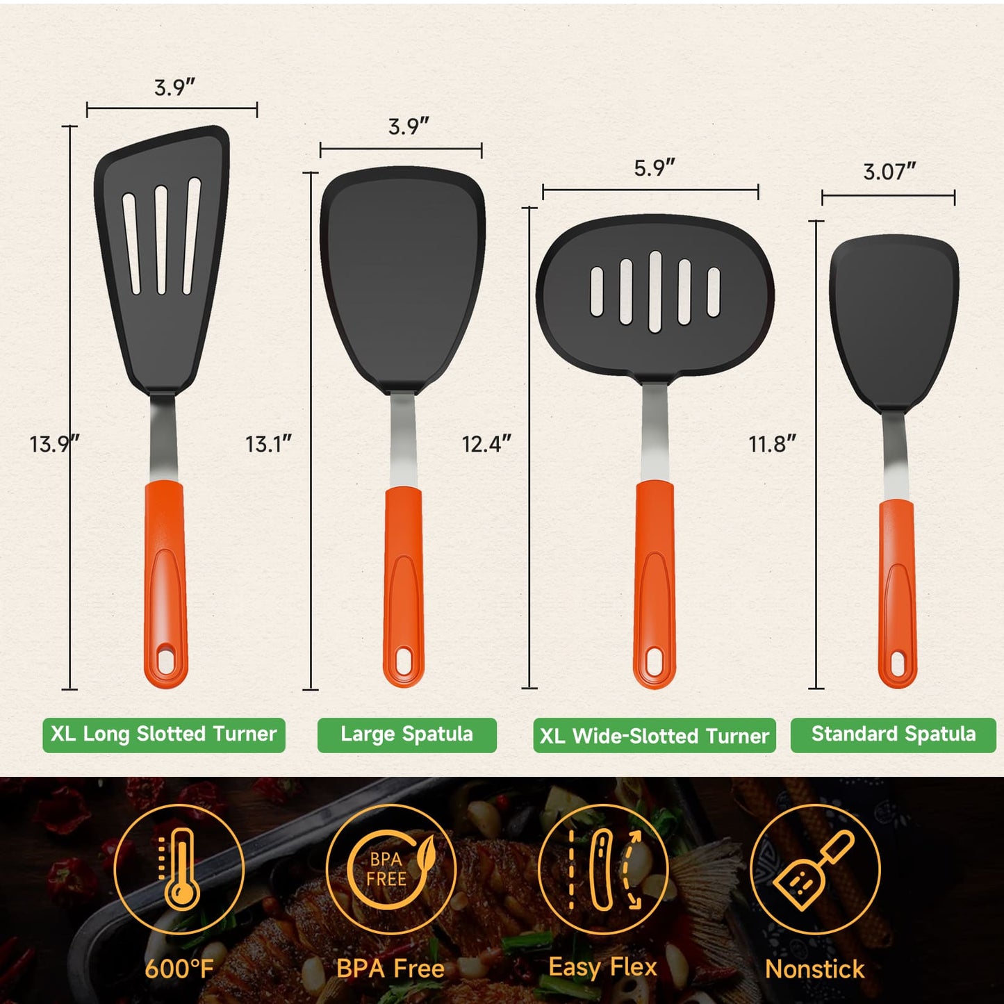 GEEKHOM Silicone Spatula Turner Set, 4pcs, 600°F Heat Resistant, Nonstick, BPA Free, Black