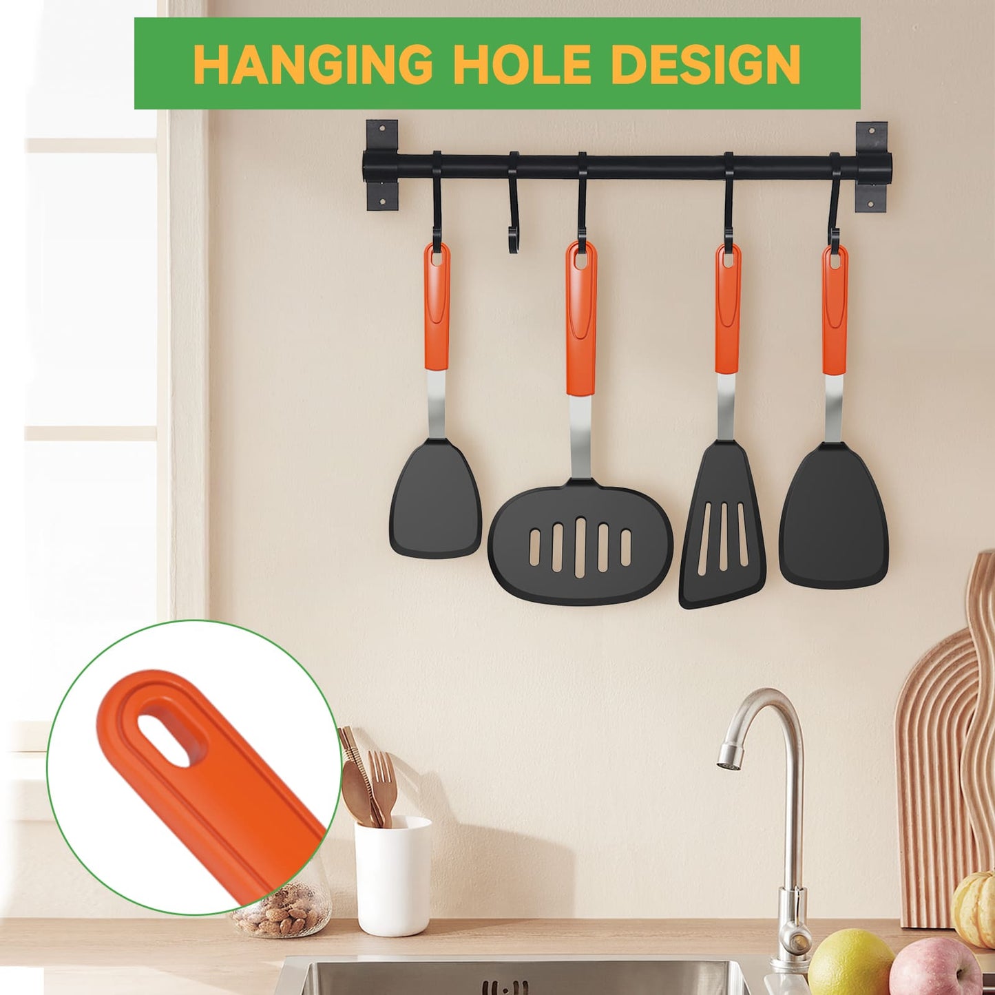 GEEKHOM Silicone Spatula Turner Set, 4pcs, 600°F Heat Resistant, Nonstick, BPA Free, Black